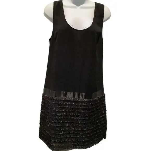 ERIN by ERIN FETHERSTON BLACK TANK STYLE DRESS WITH SHORT THREAD FRINGE 4 NEW - Picture 2 of 8